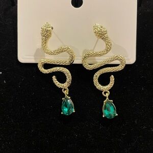 NEW! Gold Tone Snake Serpent Earrings with Green Gemstone 🐍